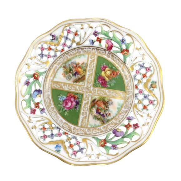 SCHUMANN BAVARIA Reticulated Green Quatrefoil Plate Courting Couple Germany Vint - Picture 8 of 10